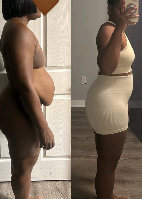 Side-by-side comparison of a person before and after wearing a fitted dress.