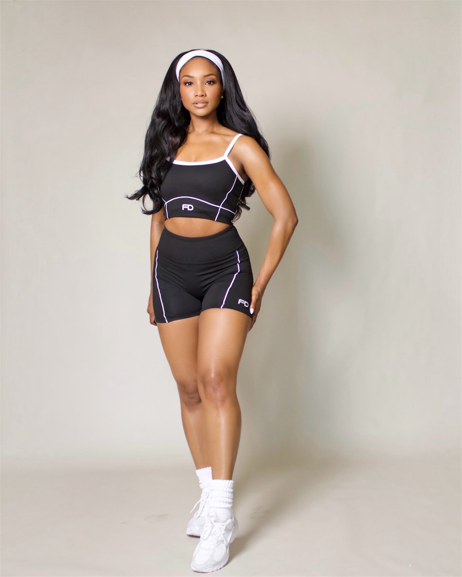 Crop White Contrast Sports Bra With Short Set