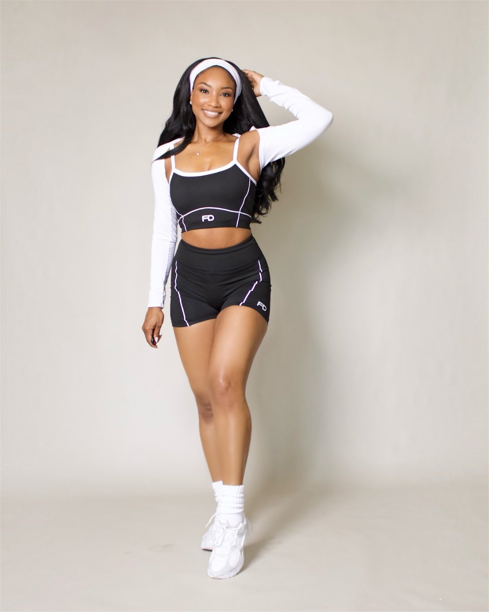 Crop White Contrast Sports Bra With Short Set
