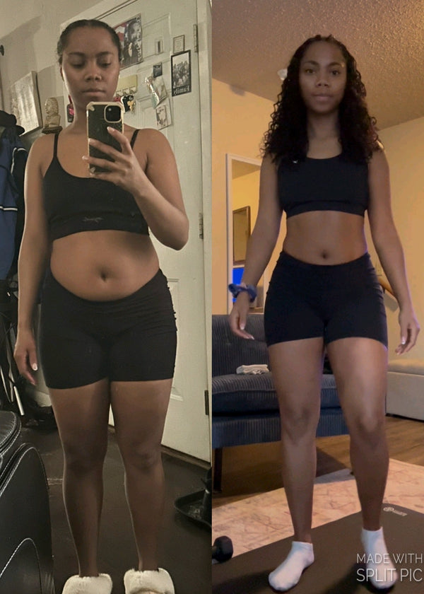 Side-by-side comparison of a person in black athletic wear in two different settings.